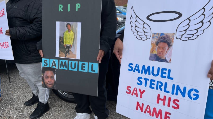 Family and friends of Samuel Sterling gathered in the spot he was fatally hit by an unmarked Michigan State Police vehicle. (April 20, 2024)