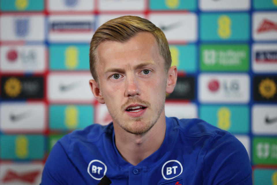 BURTON-UPON-TRENT, ENGLAND - JUNE 10: James Ward-Prowse of England speaks to the media during an England Press Conference at St Georges Park on June 10, 2022 in Burton-upon-Trent, England. (Photo by Eddie Keogh - The FA/The FA via Getty Images)