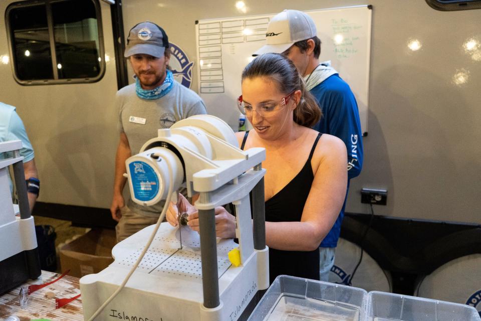 Sara Stanczyck, whose family owns and operates Bud ‘N Mary’s Marina in Islamorada, at the Nov. 11, 2021 celebration for the opening of Mote Marine Laboratory’s satellite coral nursery at the marina. Coral fragments made that night were outplanted at Alligator Reef on April 28.