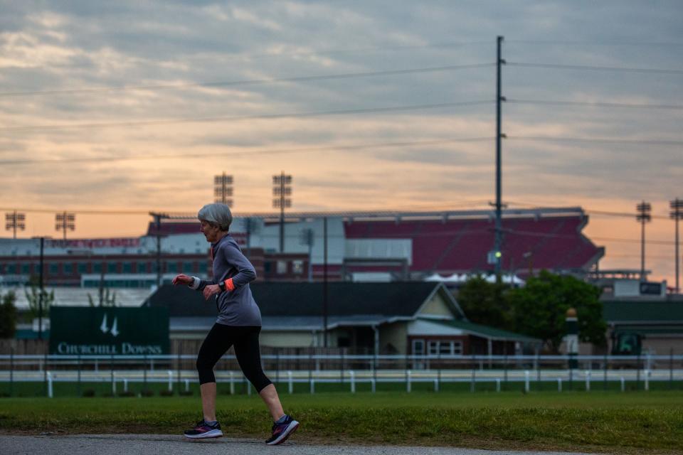 Runners take part in the Kentucky Derby Festival Marathon and miniMarathon at Churchill Downs on Apr. 29, 2023.