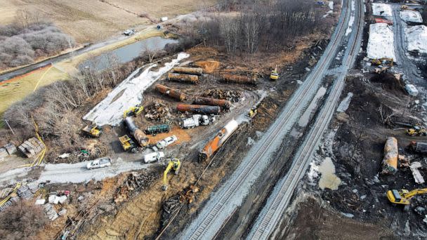 PHOTO: The site of the derailment of a train carrying hazardous waste in East Palestine, Ohio, Feb. 23, 2023. (Alan Freed/Reuters)
