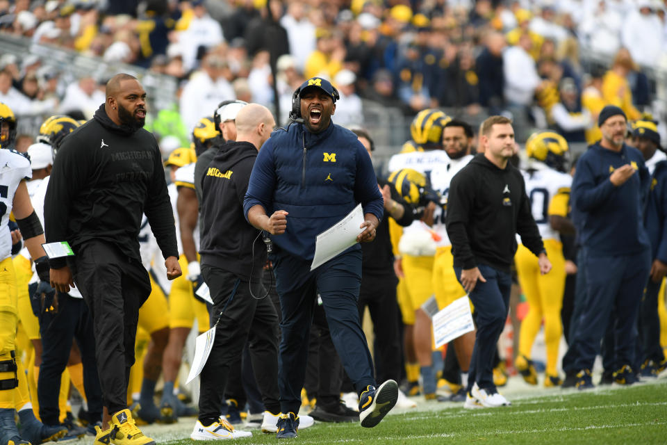 Sherrone Moore let his emotions fly after Michigan’s 24-15 win over Penn State on Saturday. (Randy Litzinger/Icon Sportswire via Getty Images)