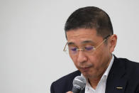 Nissan Chief Executive Hiroto Saikawa attends a press conference in the automaker's headquarters in Yokohama, near Tokyo, Monday, Sept. 9, 2019. Saikawa tendered his resignation Monday after acknowledging that he had received dubious income and vowed to pass the leadership of the Japanese automaker to a new generation. (AP Photo/Koji Sasahara)