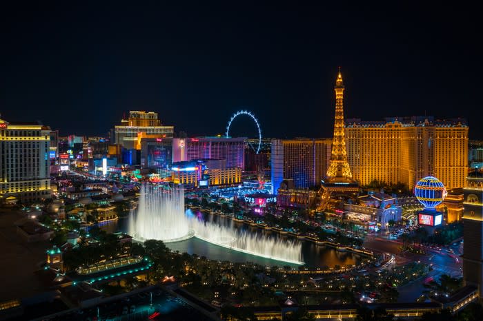 An aerial view of the Las Vegas Strip in Nevada at night.