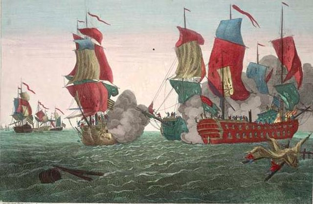 Engraving of the famous sea-battle involving John Paul Jones based on the painting "Action Between the Serapis and Bonhomme Richard" by Richard Paton. Wikimedia Commons.