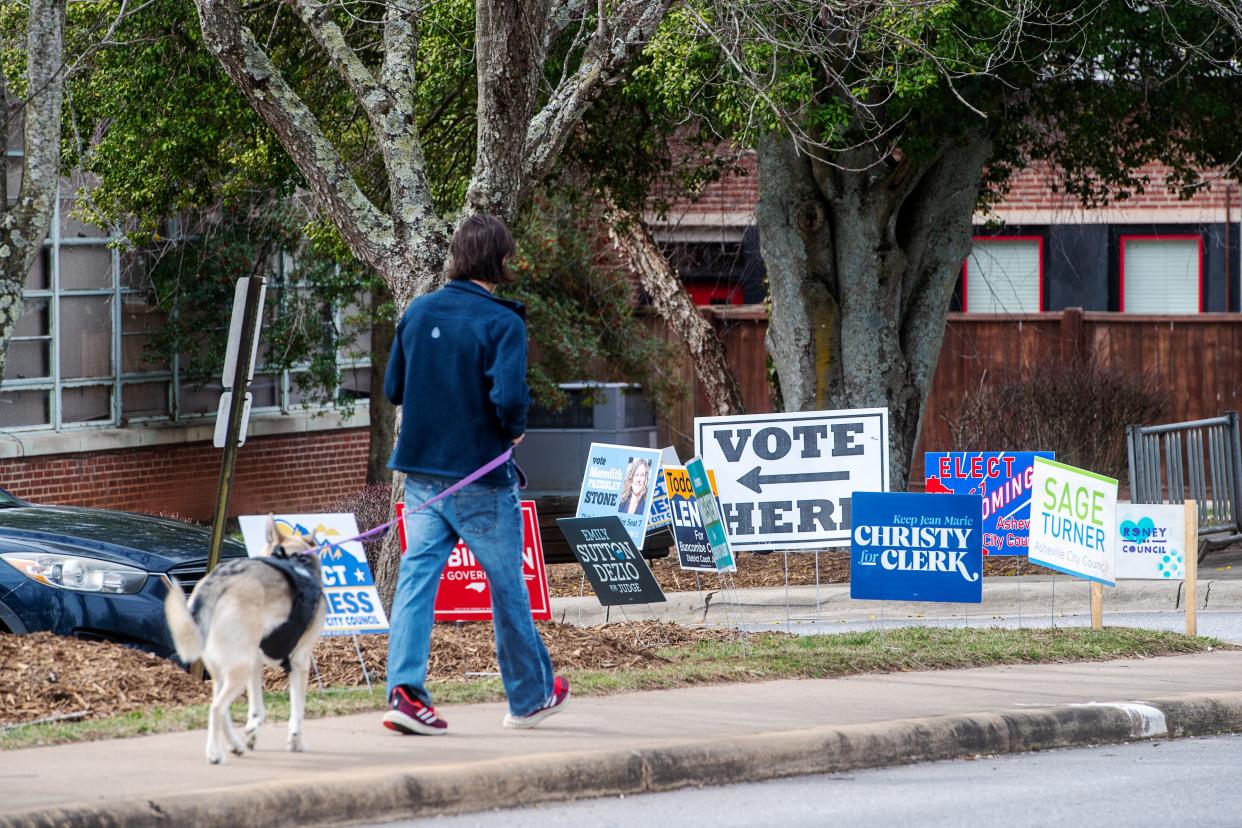 Campaign signs line Haywood Road in front of the West Asheville Library, March 5, 2024.