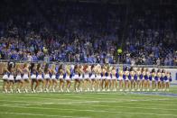 <p>The Detroit Lions cheerleaders stand during the national anthem before the first half of an NFL football game against the Los Angeles Rams, Sunday, Oct. 16, 2016, in Detroit. (AP Photo/Rick Osentoski) </p>