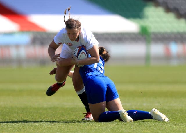 England’s Vickii Cornborough (left) is tackled by France’s Carla Neisen