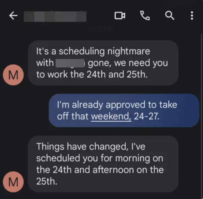 Screenshot of someone's text exchange with their boss