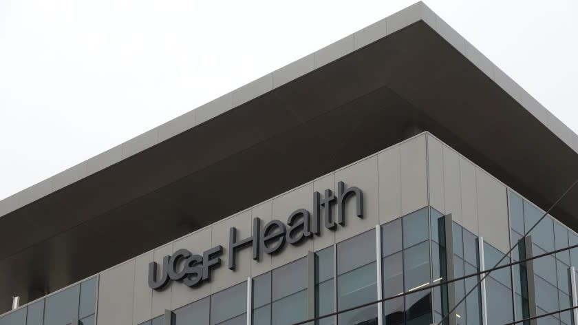 Close-up of sign for UCSF Health at Mission Bay medical center in San Francisco, California, March 23, 2020. (Photo by Smith Collection/Gado/Getty Images)
