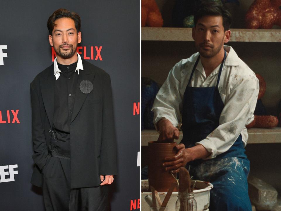 left: joseph lee at the beef premiere, smiling slightly; right: joseph lee as george in beef, doing pottery and wearing an apron