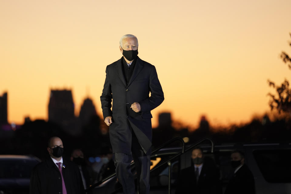 Democratic presidential candidate former Vice President Joe Biden arrives to speak at a rally at Belle Isle Casino in Detroit, Mich., Saturday, Oct. 31, 2020, which former President Barack Obama also attended. (AP Photo/Andrew Harnik)