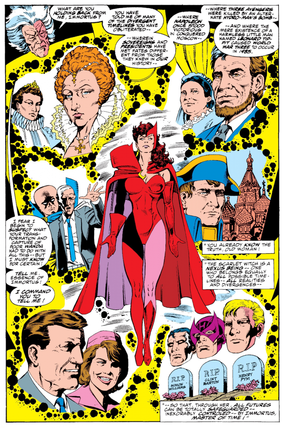 A page from Avengers West Coast #61 shows Scarlet Witch walking through Kirby Crackle as we learn she is a Nexus Being