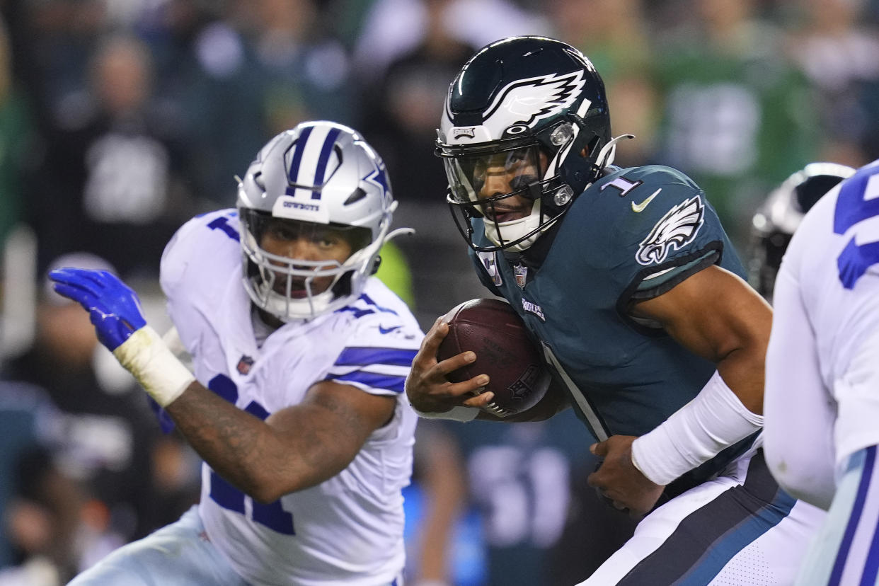 The Philadelphia Eagles may be without star quarterback Jalen Hurts in Saturday's divisional matchup against the Dallas Cowboys. (Photo by Mitchell Leff/Getty Images)