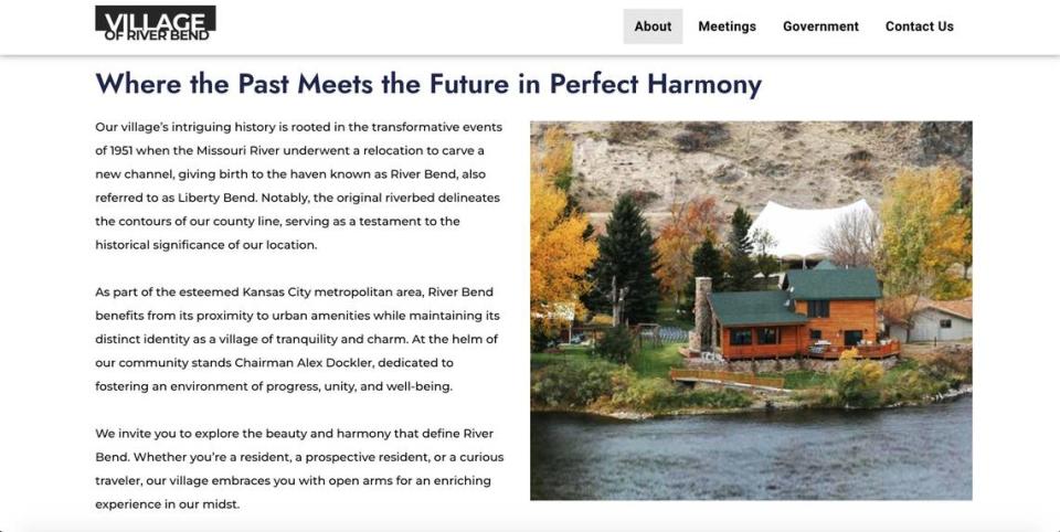 A screenshot of the Village of River Bend’s website, which featured a photograph of the River’s Bend Lodge in Montana. The photograph was later removed after a reporter from The Star asked about it.