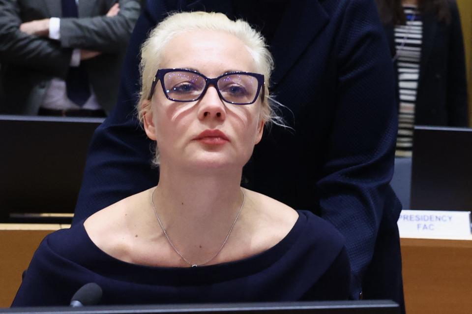 Alexei Navalny's widow Yulia Navalnaya takes part in a meeting of European Union foreign ministers in Brussels, Belgium, on February 19, 2024. Navalnaya accused Russian president of killing her husband and vowed to continue his work.