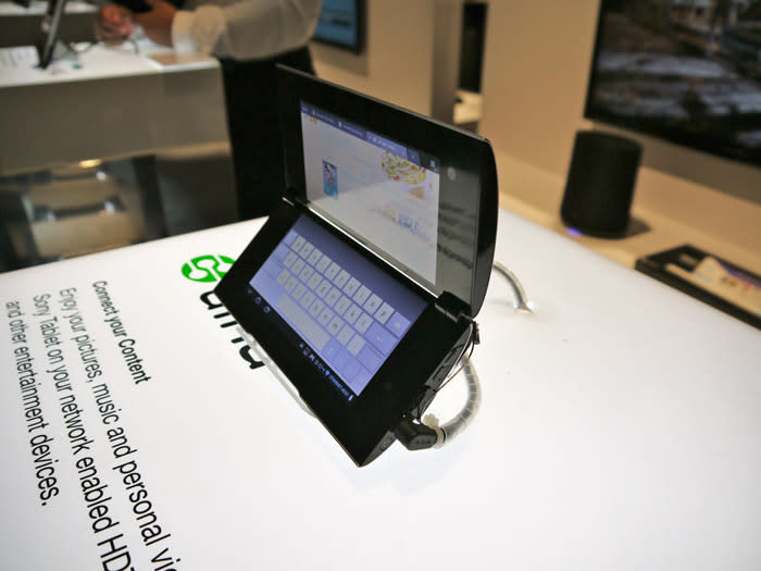The Sony Tablet P has a unique curved clam-shell design with dual 5.5-inch screens for reading books, sending e-mail or viewing video. (Scott Ard/Yahoo! News)