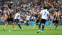 <p>HULL, ENGLAND – MAY 21: Harry Kane of Tottenham Hotspur scores his sides first goal during the Premier League match between Hull City and Tottenham Hotspur at the KC Stadium on May 21, 2017 in Hull, England. (Photo by Nigel Roddis/Getty Images) </p>