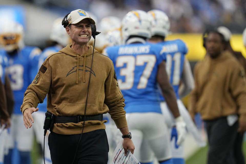 Los Angeles Chargers head coach Brandon Staley reacts from the sideline during the first half an NFL football game against the Detroit Lions Sunday, Nov. 12, 2023, in Inglewood, Calif. (AP Photo/Gregory Bull)