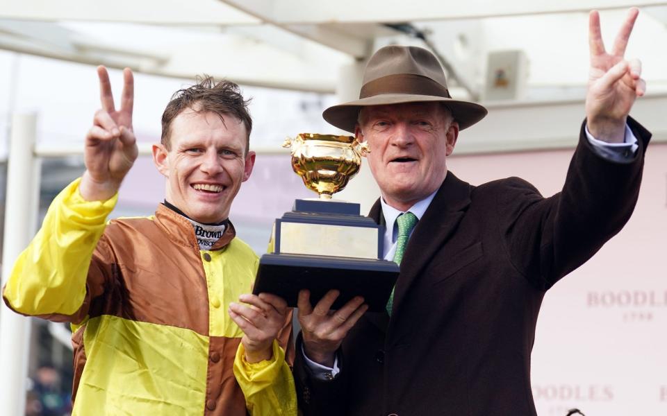 Willie Mullins (right) celebrates with jockey Paul Townend after winning the Gold Cup on Galopin Des Champs/Charlie Brooks: BHA must put aside differences and unite to stop Willie Mullins-led Irish domination