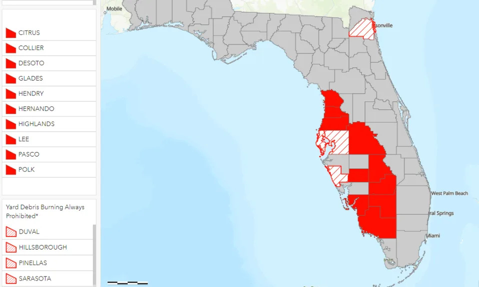 Conditions in Florida prompted a red flag warning for much of the state May 3, 2023. Burn bans in effect.