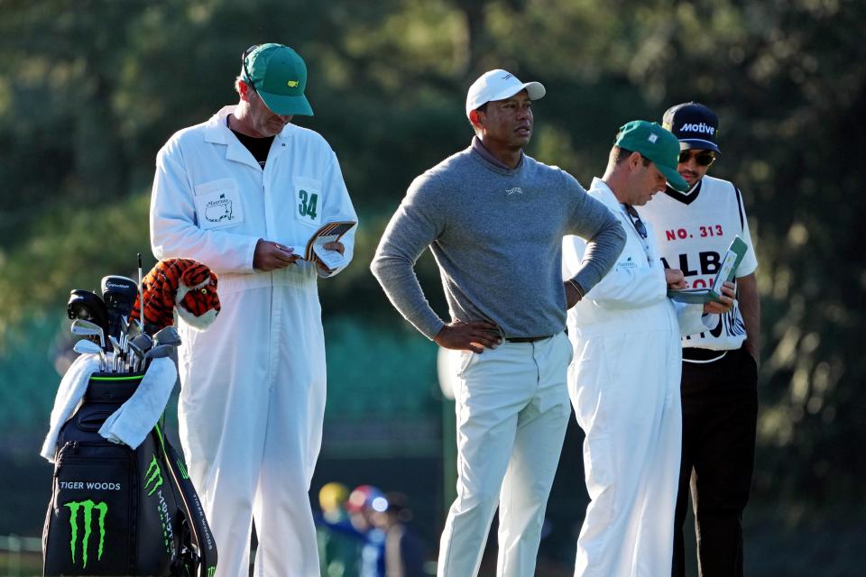 Tiger Woods on the 15th hole during the completion of the first round of the Masters Tournament at Augusta National Golf Club.