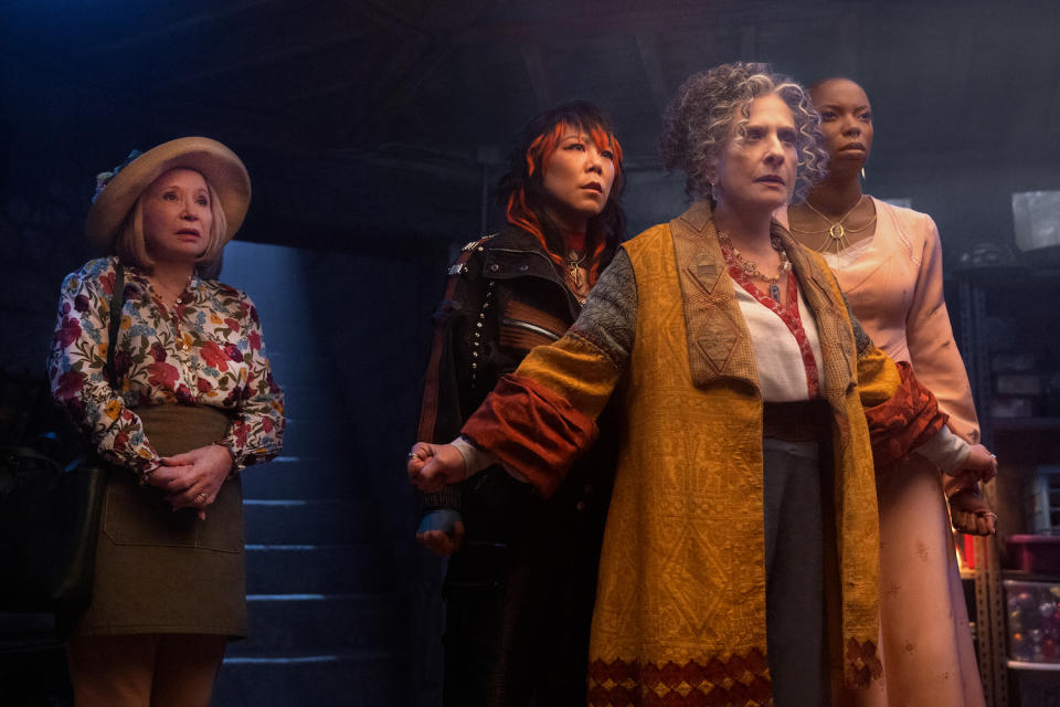 (L-R): Mrs. Hart/Sharon Davis (Debra Jo Rupp), Ali Ahn (Alice Wu-Gulliver), Lilia Calderu (Patti LuPone), and Jennifer Kale (Sasheer Zamata) in Marvel Television's AGATHA ALL ALONG, exclusively on Disney+. Photo by Chuck Zlotnick. © 2024 MARVEL.