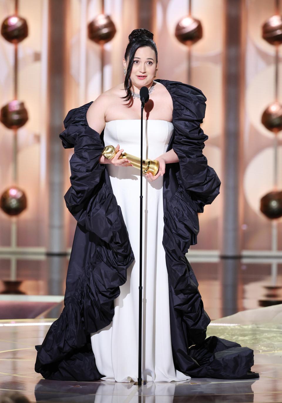 Lily Gladstone accepts award for Best Performance by a Female Actor in a Motion Picture  Drama for "Killers of the Flower Moon" at the 81st Golden Globe Awards held at the Beverly Hilton Hotel on January 7, 2024 in Beverly Hills, California. (Photo by Rich Polk/Golden Globes 2024/Golden Globes 2024 via Getty Images)