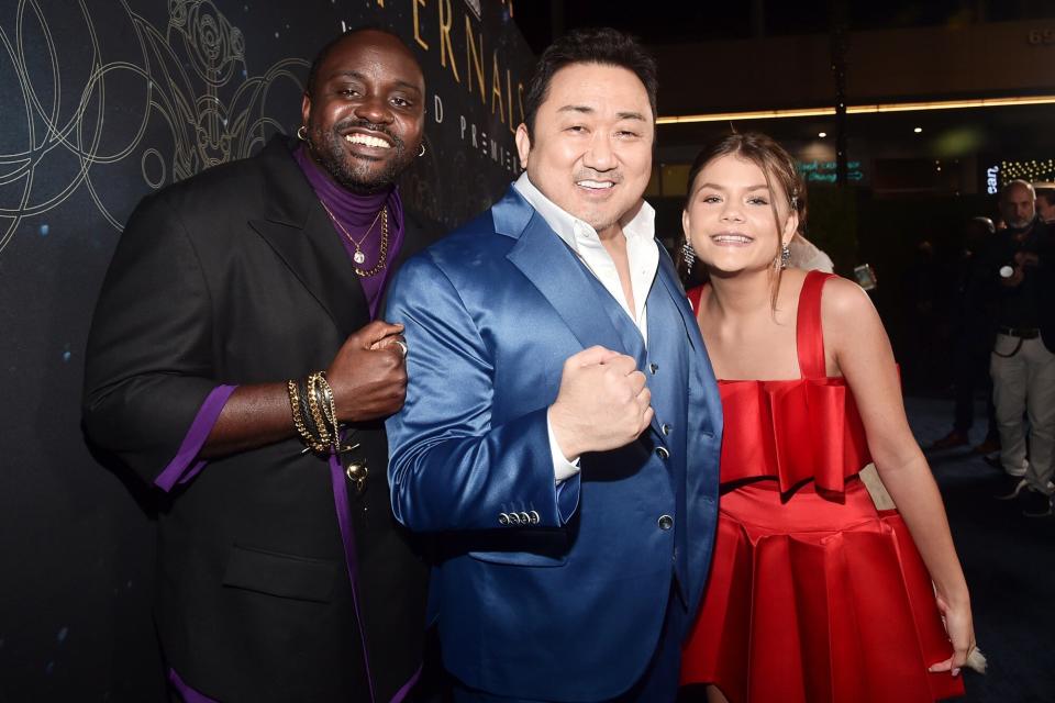 Brian Tyree Henry, Don Lee, and Lia McHugh arrives at the Premiere of Marvel Studios' Eternals on October 18, 2021 in Hollywood, California.