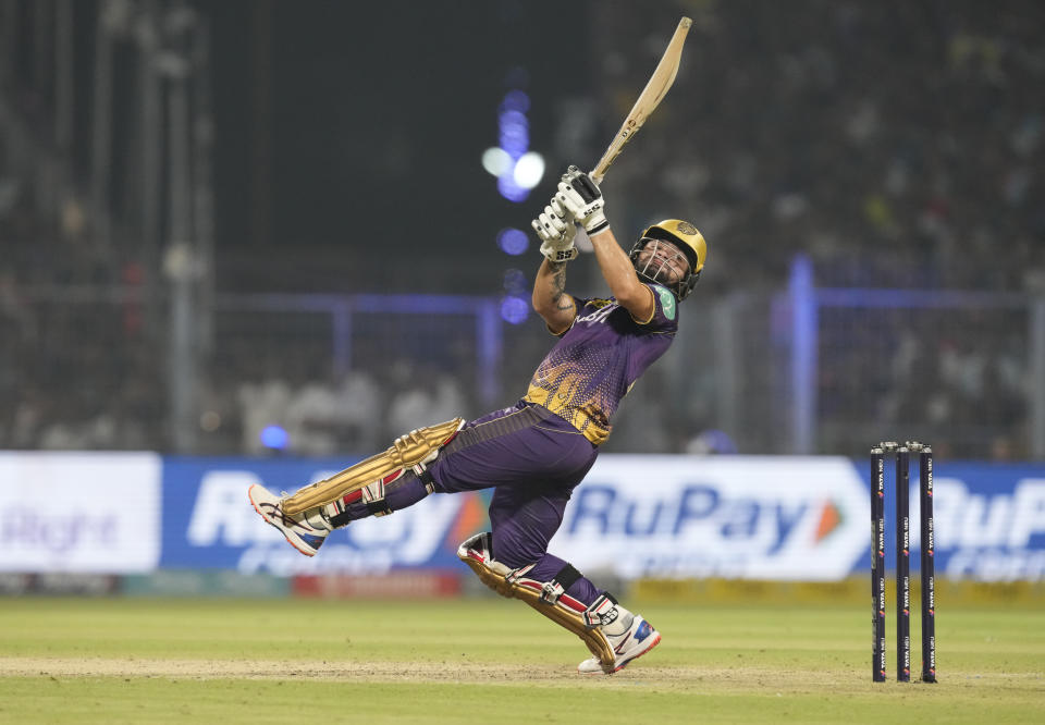 Kolkata Knight Riders' Rinku Singh plays a shot during Indian Premier League cricket match between Kolkata Knight Riders and Punjab Kings, in Kolkata, India, Monday, May 8, 2023. (AP Photo Bikas Das )