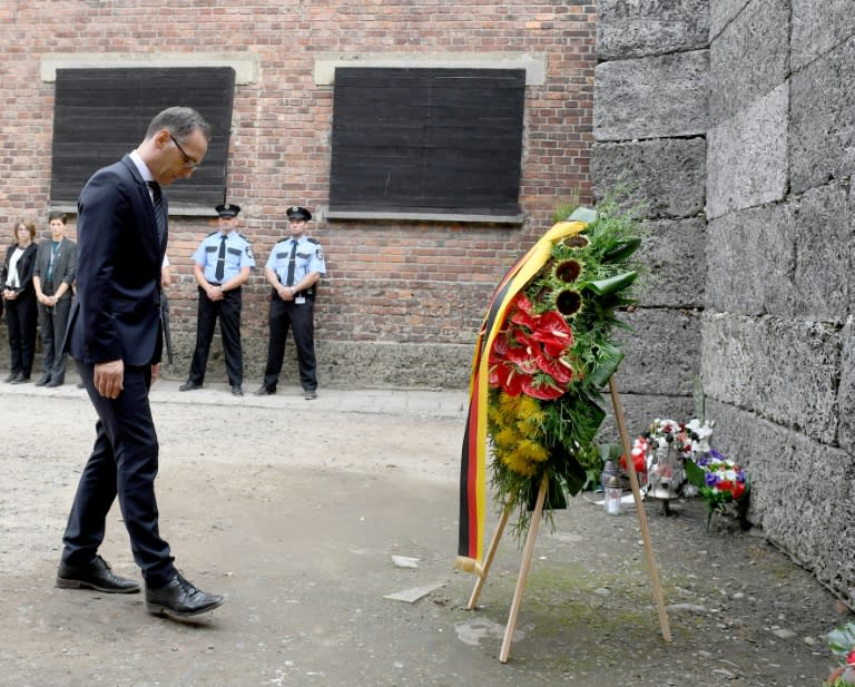 German Foreign Minister Heiko Maas, seen here laying a wreath on Monday, has often said the death camp inspired him to go into politics