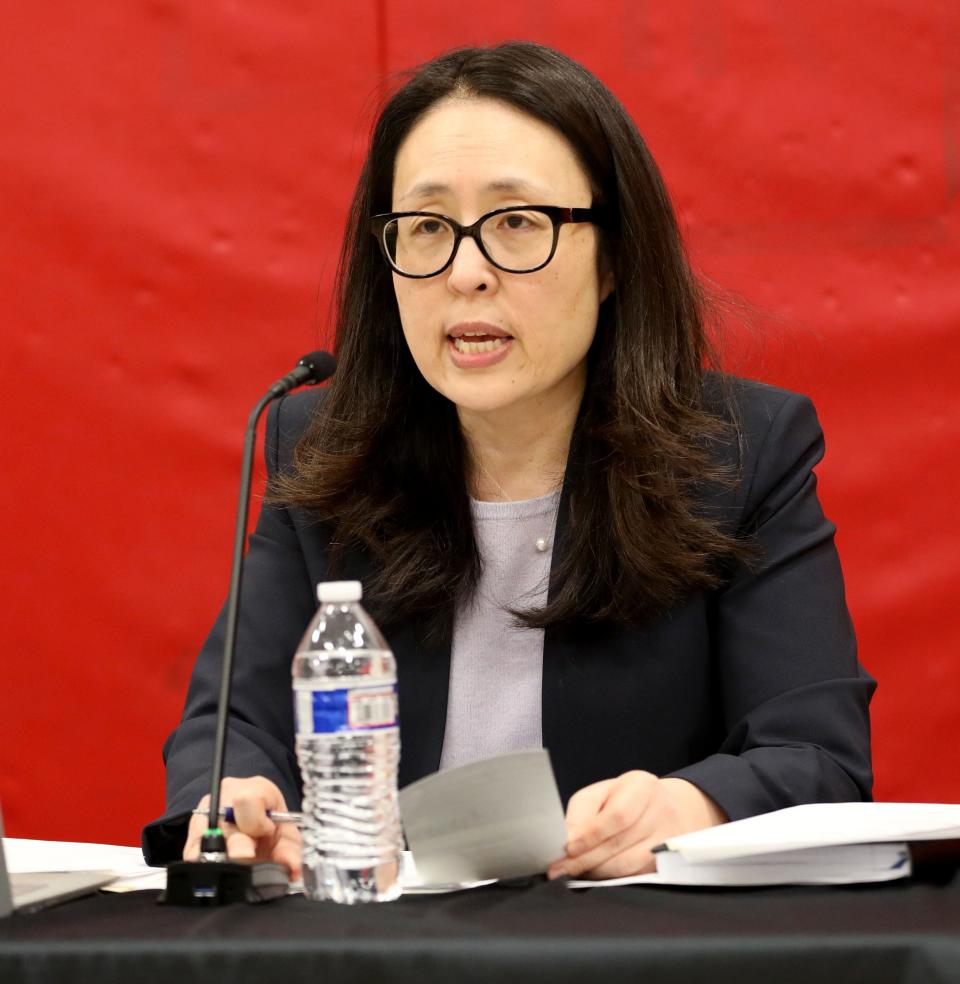 Nyack Schools Superintendent Susan Yom is pictured at the Nyack school board meeting at Nyack Middle School, March 19, 2024.