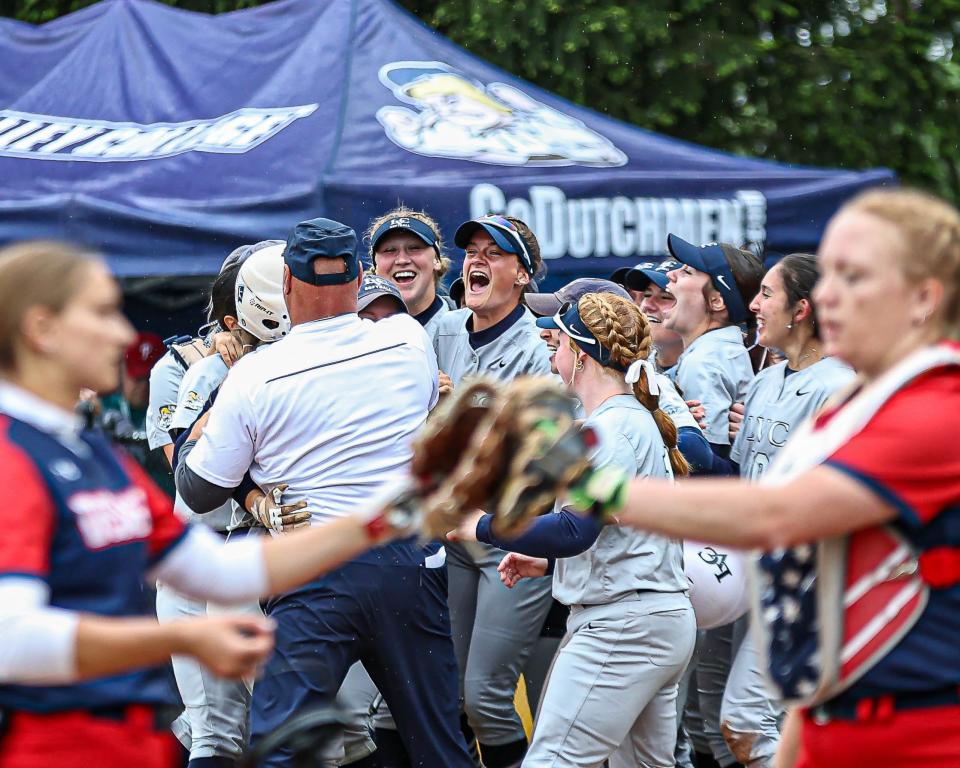 The Dutchmen celebrate a walk off victory. The MAC Freedom softball championships were held at Lebanon Valley College, and the host Dutchmen played DeSales University on Saturday, May 4, 2024. LVC defeated DeSales, 1-0, and received an automatic bid to the NCAA tournament.