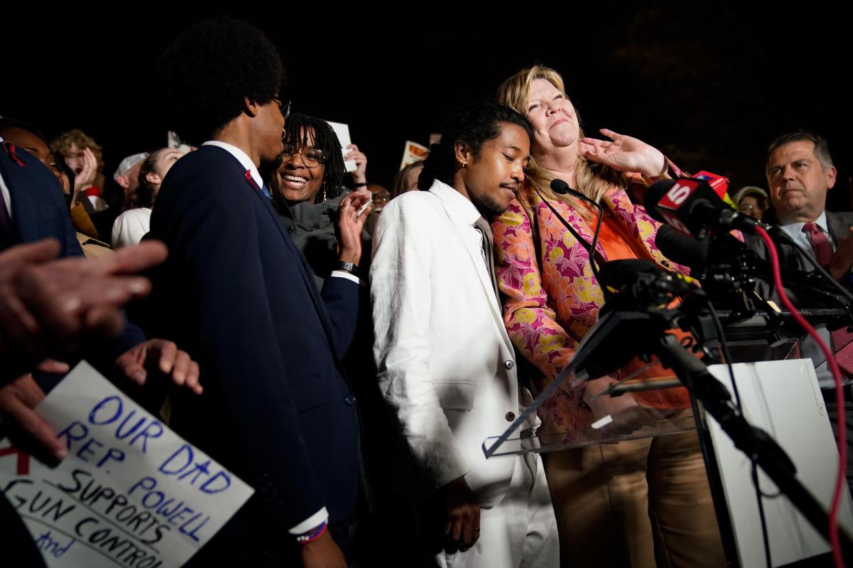 Justin Pearson, Justin Jones and Gloria Johnson speak at the State Capitol in Nashville, Tenn., following moves to expel the three of them from the House of Representatives on Thursday, April 6, 2023. Jones and Pearson were expelled while Johnson retained her seat.