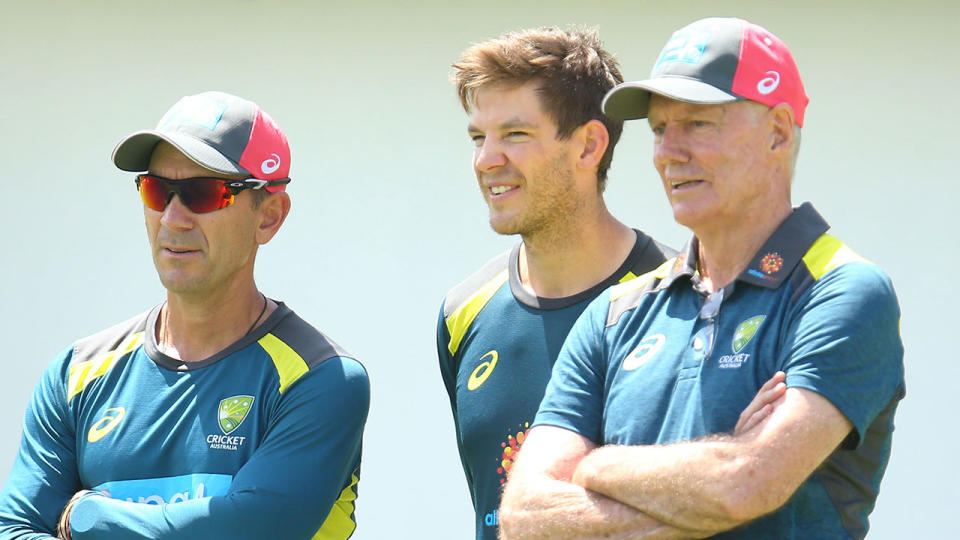 Greg Chappell is pictured right, alongside Aussie Test cricket captain Tim Paine and coach Justin Langer.