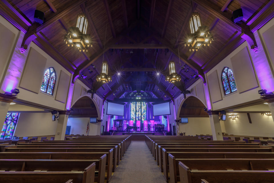 Inside Menlo Church, where congregants recently learned that their senior pastor failed to inform church elders that his son, a volunteer, had expressed an attraction to minors. According to church officials, no one has come forward with allegations that they were sexually abused by the son. (Photo: yhelfman via Getty Images)