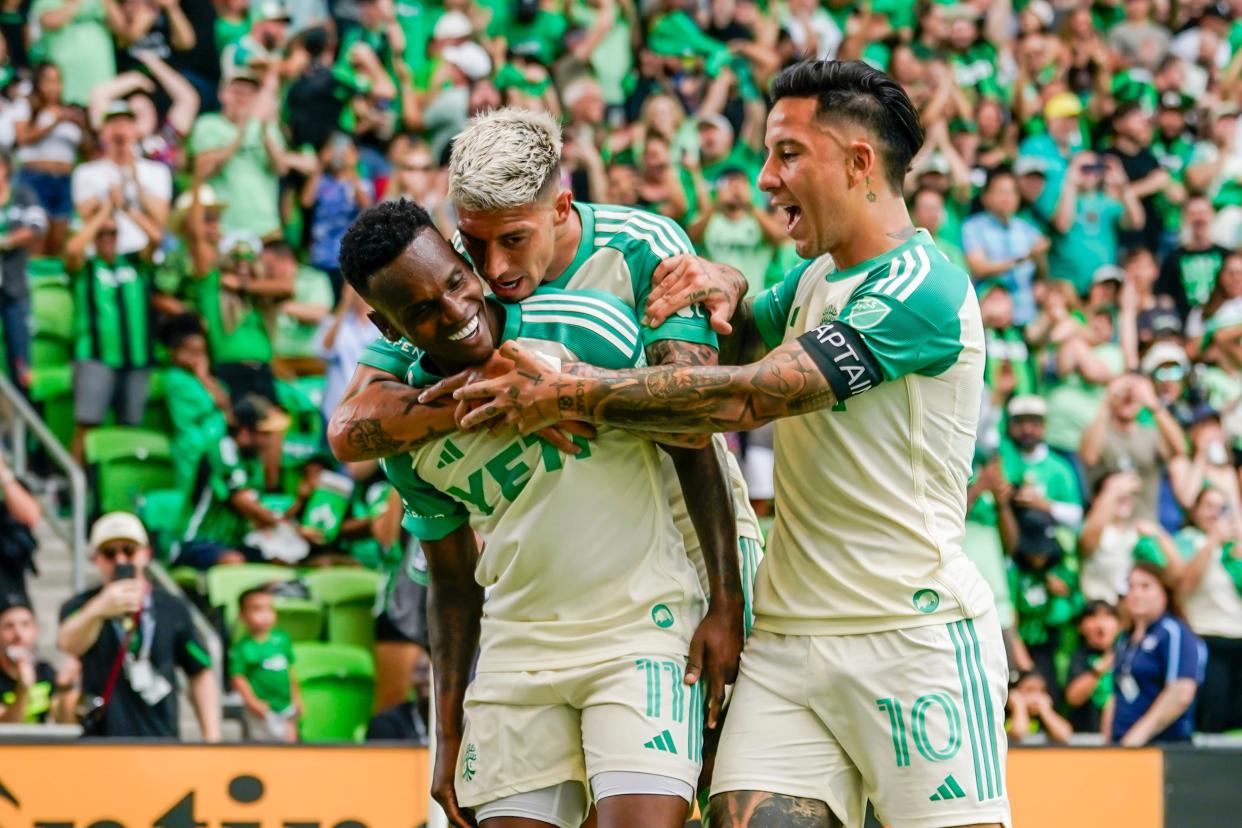 Austin FC forward Jáder Obrian celebrates with teammates after scoring in the first half Saturday against the Los Angeles Galaxy at Q2 Stadium.