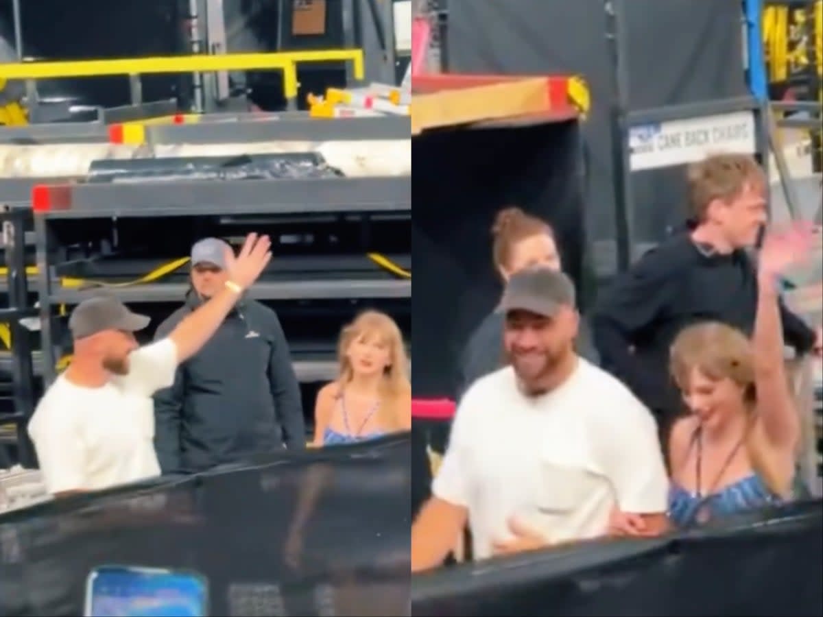 Travis Kelce hypes girlfriend Taylor Swift up for the crowd as they leave Dublin Eras Tour concert (@bethany.pendleton13/TikTok)