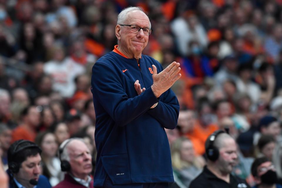 Syracuse coach Jim Boeheim gestures during the second half of his team's game against Miami (Fla) in Syracuse, N.Y., Saturday, March 5, 2022.