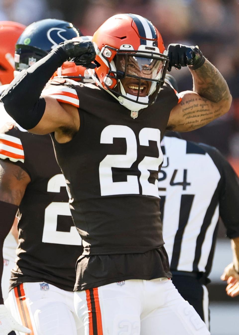 Cleveland Browns safety Grant Delpit (22) celebrates a sack during the second half of an NFL football game against the Houston Texans, Sunday, Sept. 19, 2021, in Cleveland. (AP Photo/Ron Schwane)