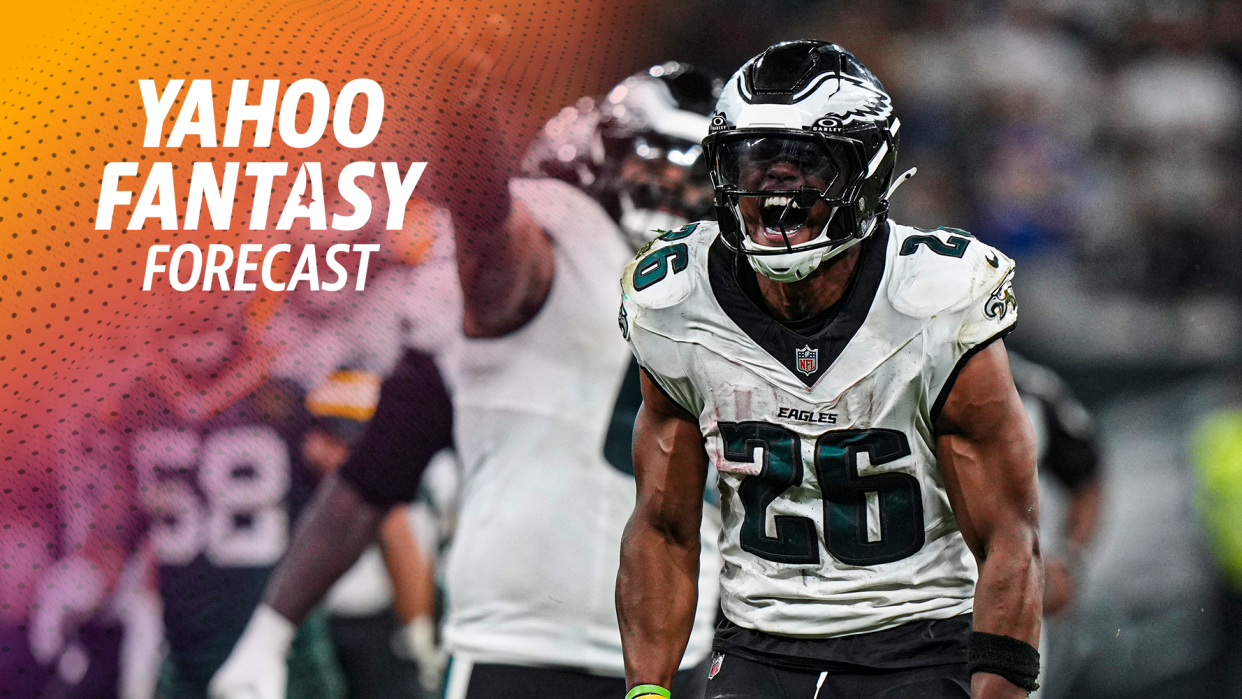 It's Thursday and 'Fantasy Film Room' is back with Nate Tice and Matt Harmon. The duo dives into the Eagles run game and why Saquon Barkley has a legit path to be RB1 in 2024. The two also look at how Philadelphia is using motion to unlock even more opportunities for Devonta Smith and A.J. Brown in the passing game. (Credit: AP Photo/Fernando Llano)