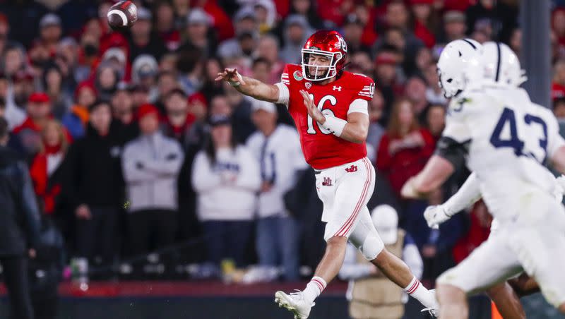 Utah Utes backup quarterback Bryson Barnes throws the ball while playing the Penn State Nittany Lions in the 109th Rose Bowl in Pasadena on Monday, Jan. 2, 2023. The Penn State Nittany Lions won 35-21.