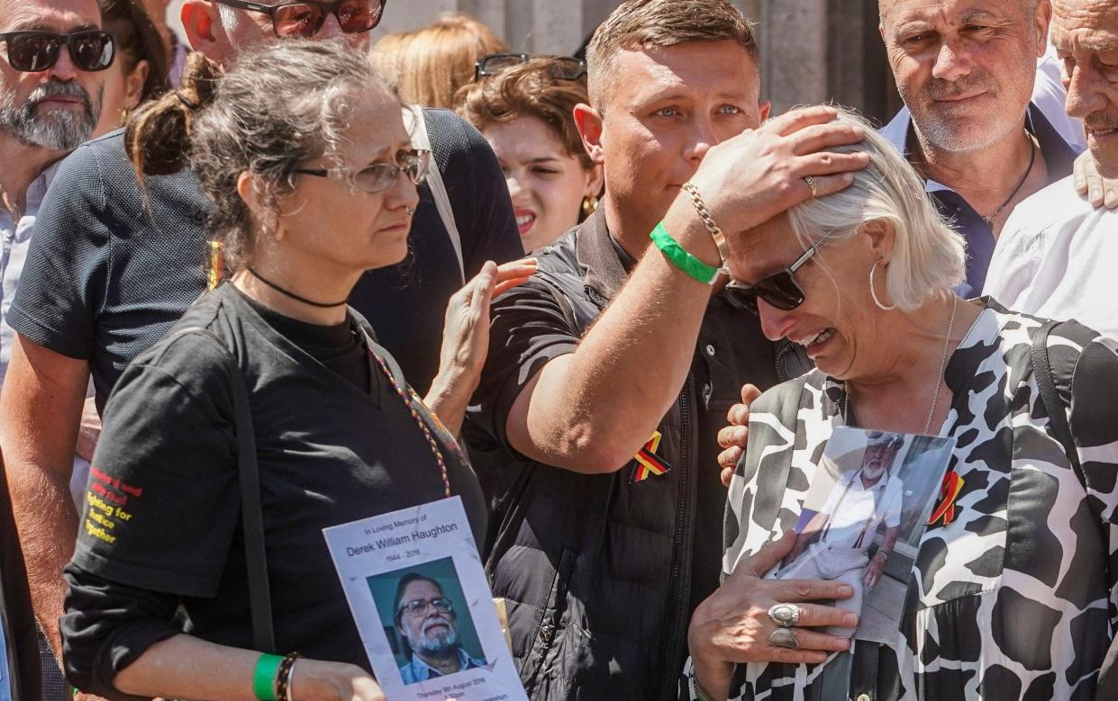 Cressida Haughton and other relatives of victims outside Central Hall in Westminster, London