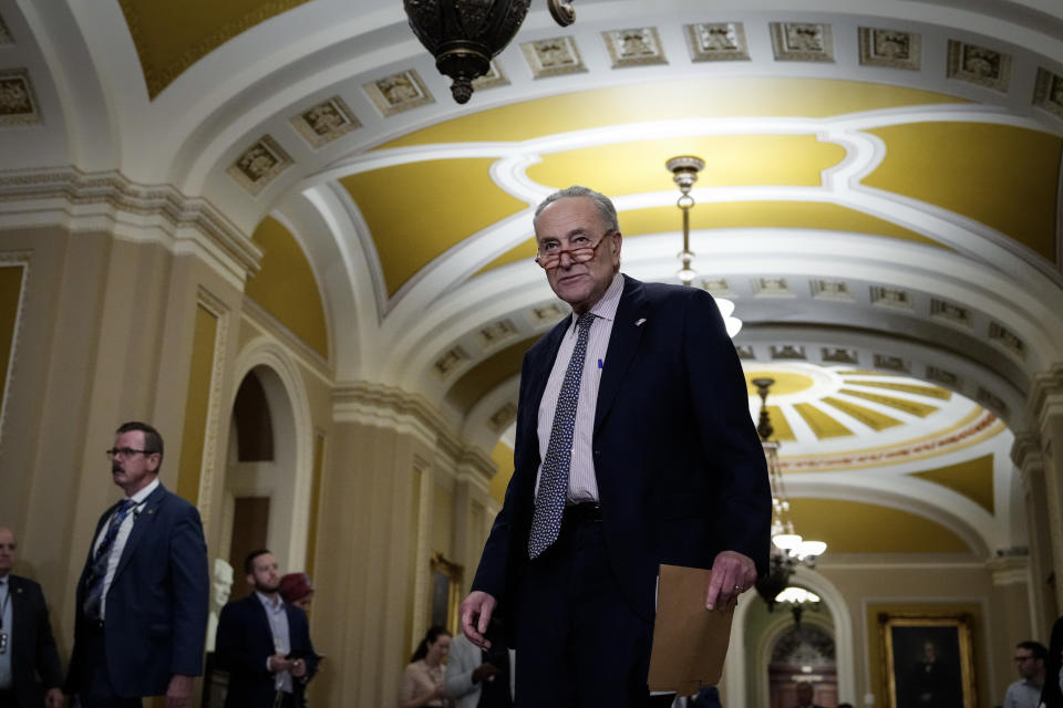 WASHINGTON, DC - OCTOBER 31: Senate Majority Leader Chuck Schumer (D-NY) arrives for a news conference following a closed-door lunch meeting with Senate Democrats at the U.S. Capitol on October 31, 2023 in Washington, DC. Schumer spoke on a range of issues, including criticizing a House Republican proposal to provide millions of dollars in aid to Israel without any additional aid to Ukraine. (Photo by Drew Angerer/Getty Images)