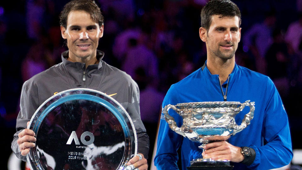 Novak Djokovic and Rafael Nadal during the awarding ceremony. (Xinhua/Hu Jingchen) (Xinhua/Hu Jingchen via Getty Images)