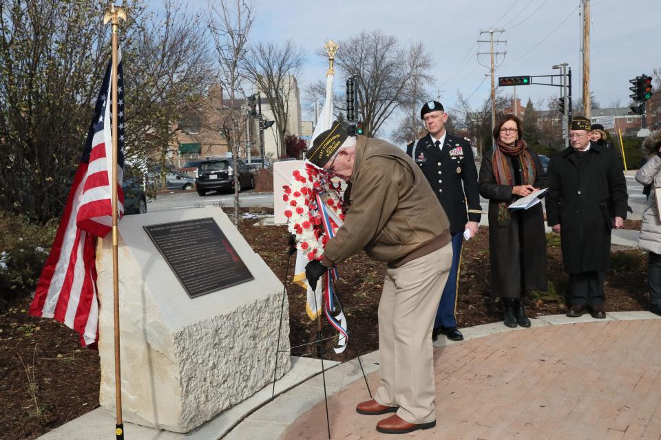 In 2018, Ralph Cailles, from left, of VFW Post 6498 lays a wreath in front of the new memorial as Wisconsin Army National Guard Col. John T. Oakley, Wauwatosa Mayor Kathy Ehley and Alex Kaleta of VFW Post 1465 look on at the Wauwatosa World War I Veterans Memorial rededication ceremony. Wauwatosa veterans are pushing for a new monument to be placed in Hart Park.