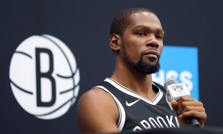 Kevin Durant speaks to the media during Nets Media Day.