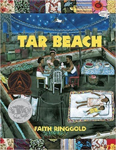 This enchanting story follows the adventure of 8-year-old Cassie Louise Lightfoot after she "<a href="http://www.amazon.com/Tar-Beach-Faith-Ringgold/dp/0517885441">flies over her apartment- building rooftop</a>" in 1939 Harlem.<br /><br />Buy it <a href="http://www.amazon.com/Tar-Beach-Faith-Ringgold/dp/0517885441">here</a>.