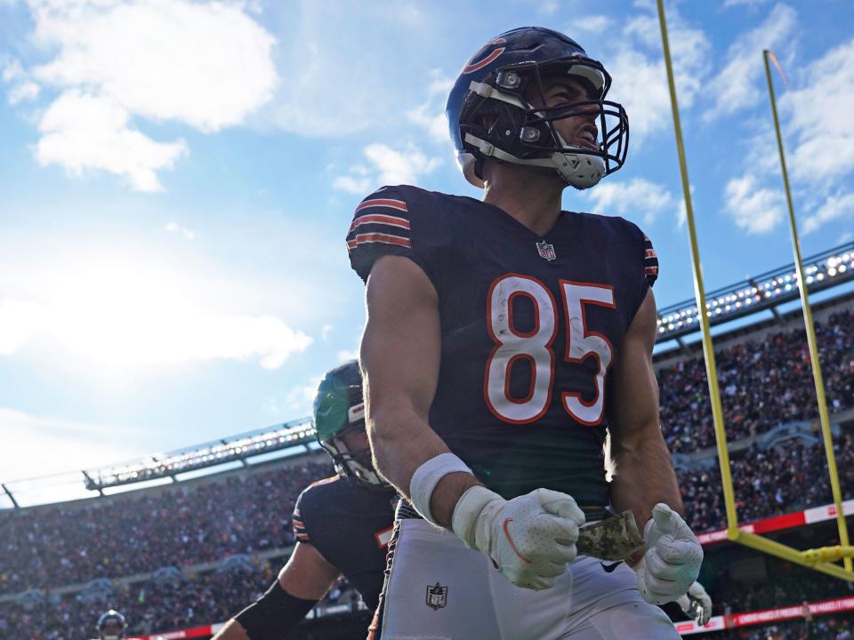 Cole Kmet celebrates a touchdown against the Detroit Lions.