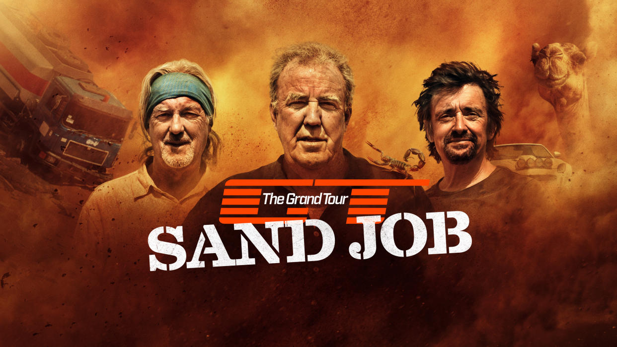 Jeremy Clarkson, Richard Hammond and James May return in The Grand Tour: Sand Job. (Prime Video)